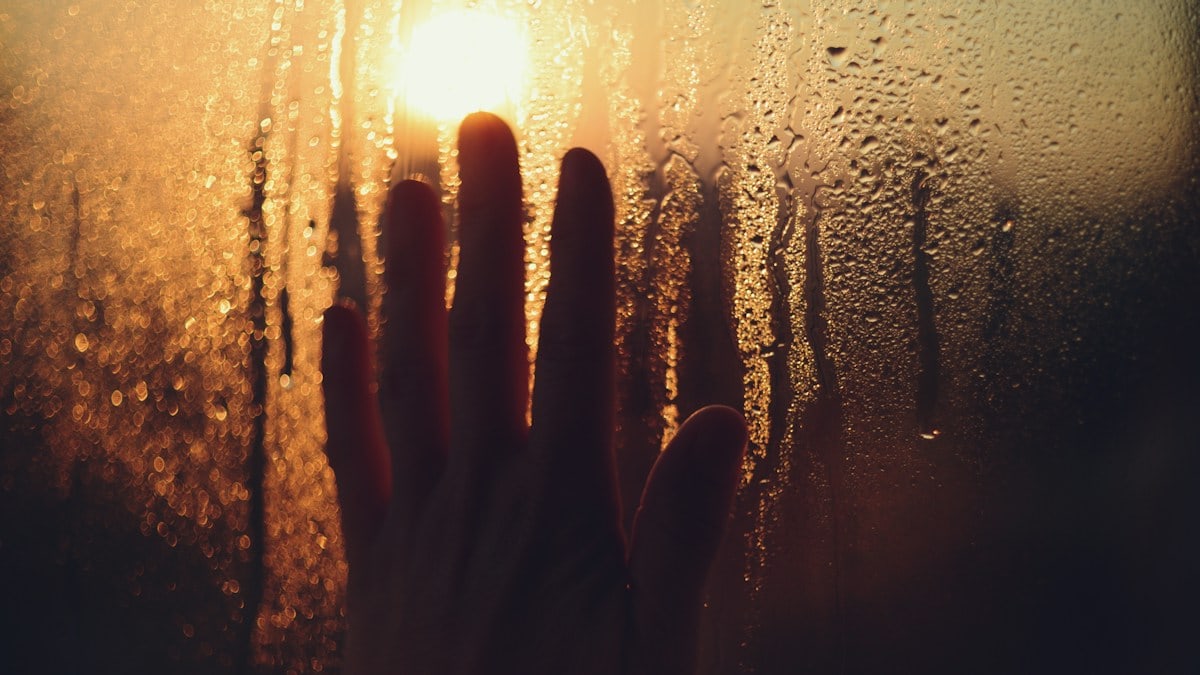Hand touches a misty window with sunlight